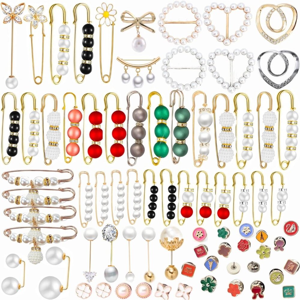 76 Pieces Pearl Brooch Pins Set, Scarf Ring Clips and Sweater Shawl Safety Pins - Picture 1 of 9